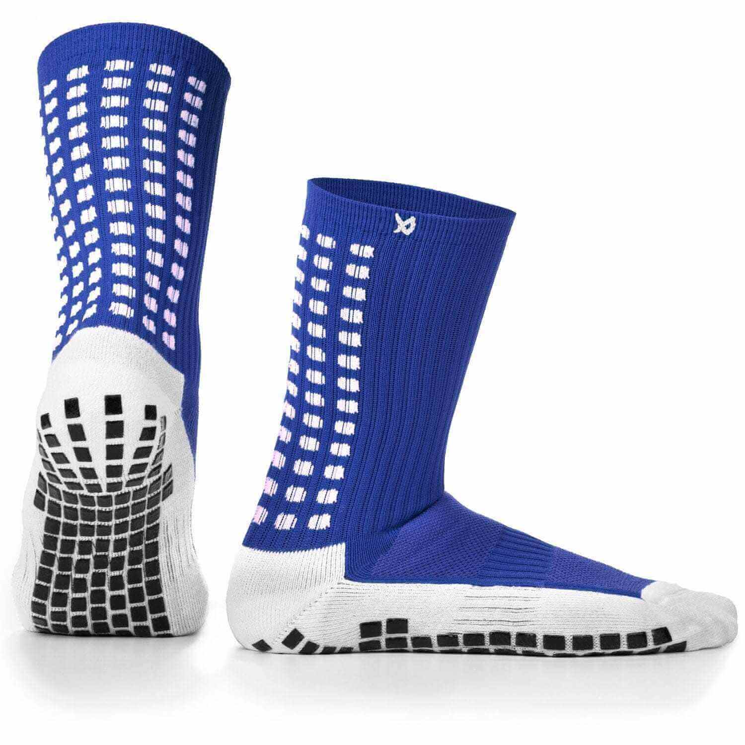 Blue and white anti-slip soccer socks by LUX Sports with grip technology for stability and traction.
