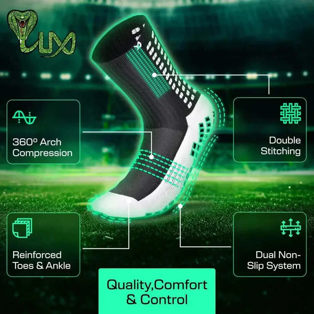 Anti-slip soccer socks by LUX with dual grip technology, featuring reinforced toes, ankle support, and 360° arch compression for enhanced stability and control.