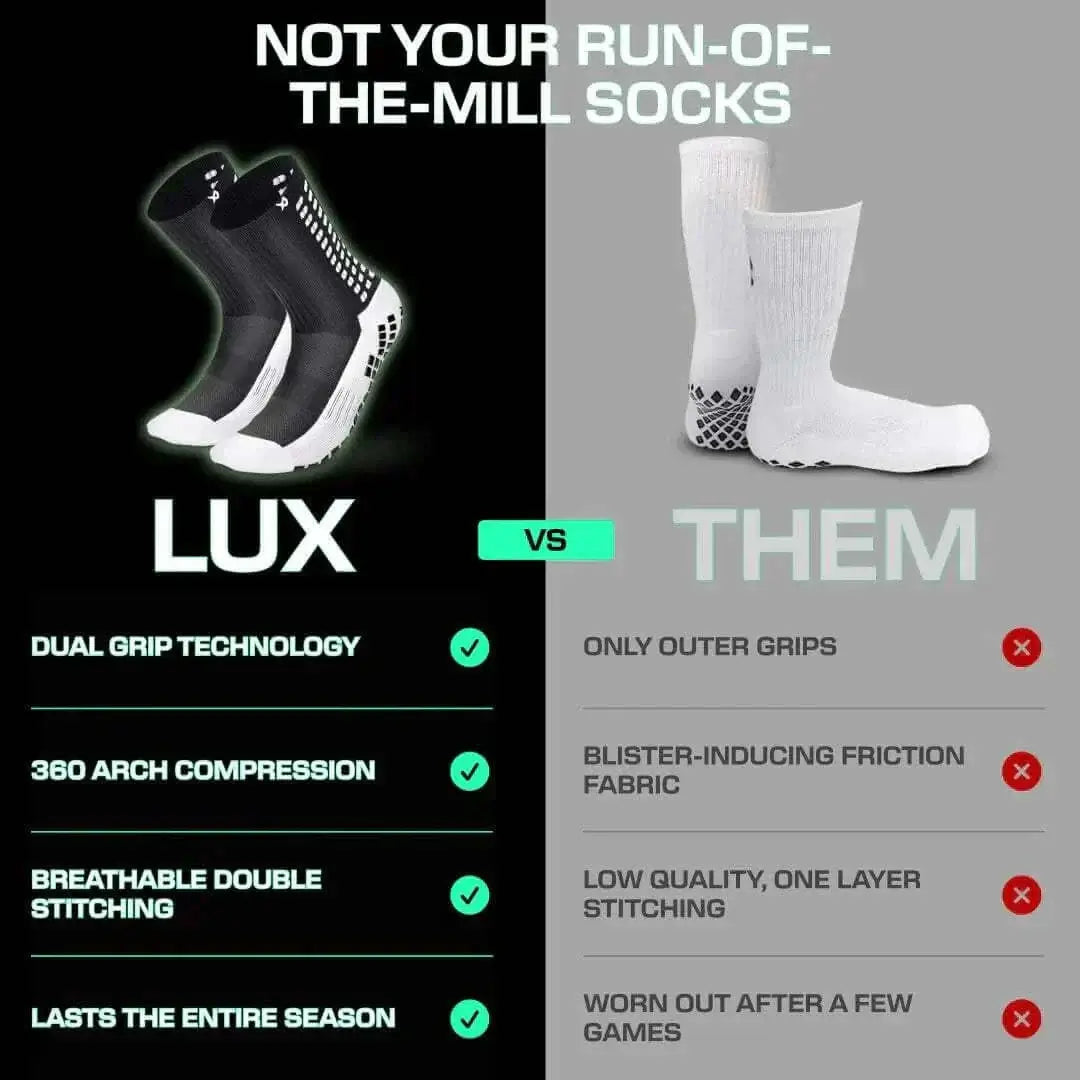 Anti-slip soccer socks by LUX with dual grip technology and 360° arch compression, compared to standard socks.