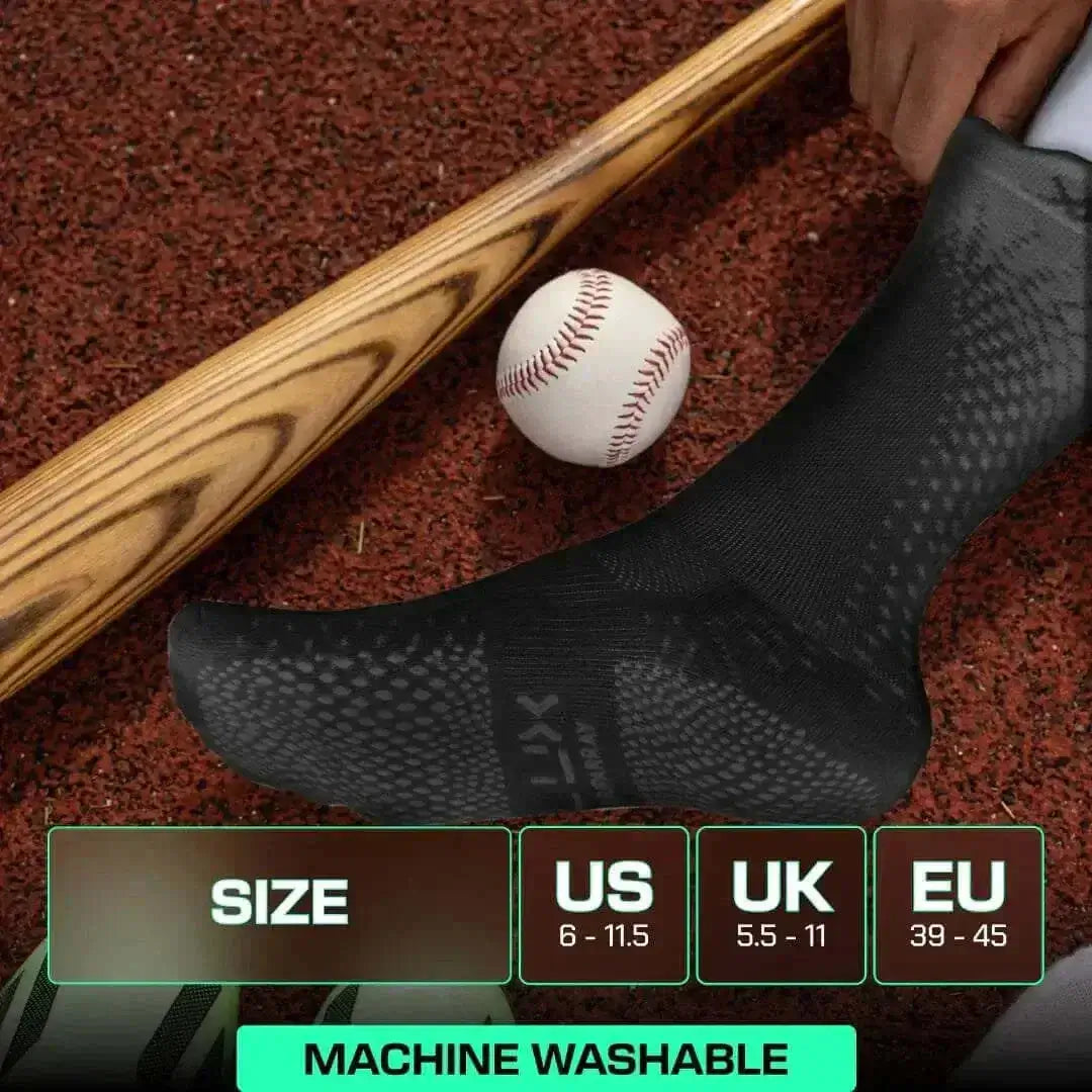 Black LUX Grip Cleat Socks with advanced traction technology, calf-length, machine washable, suitable for US sizes 6-11.5.