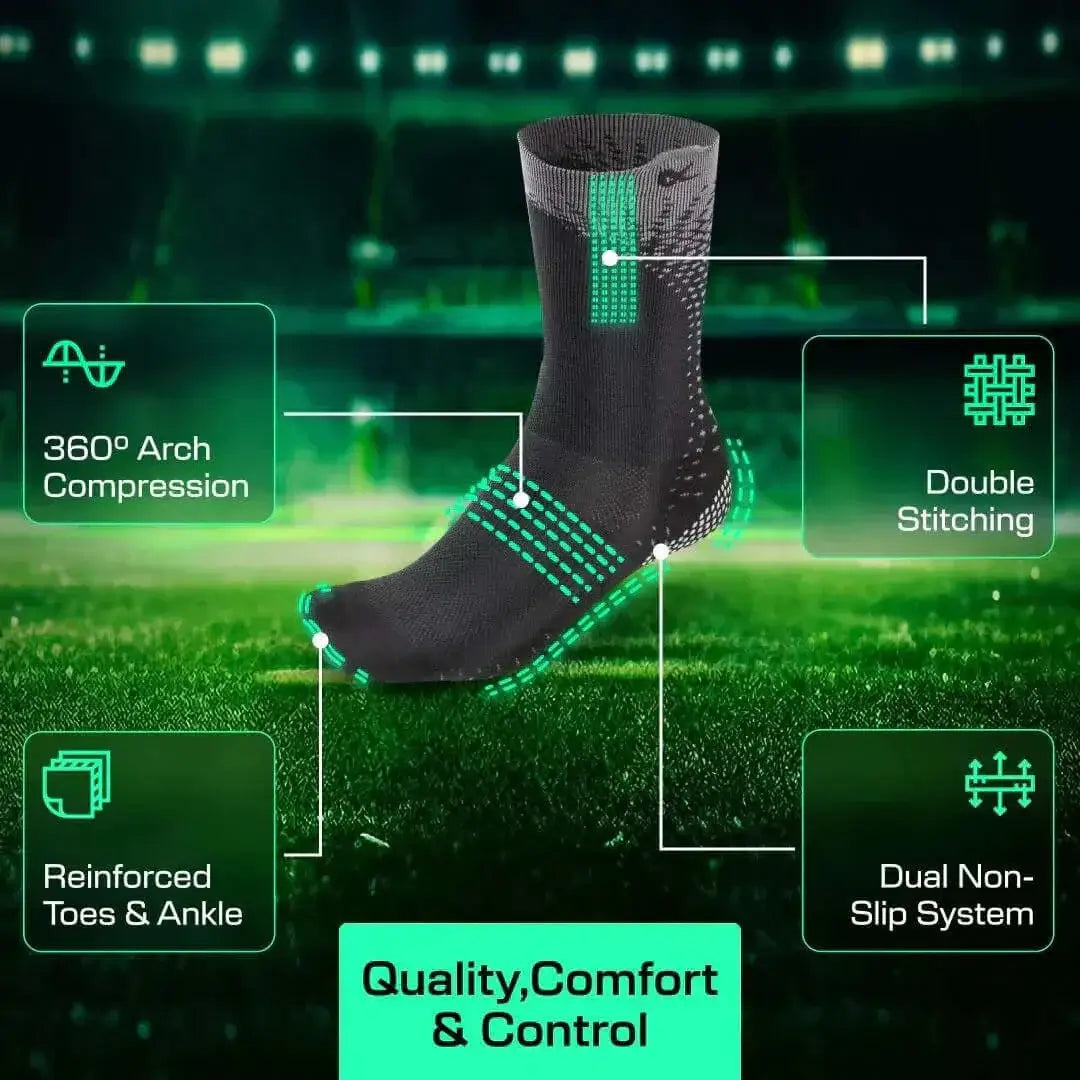 Black LUX Grip Cleat Socks with 360° arch compression, reinforced toes and ankle, double stitching, and dual non-slip system for soccer players