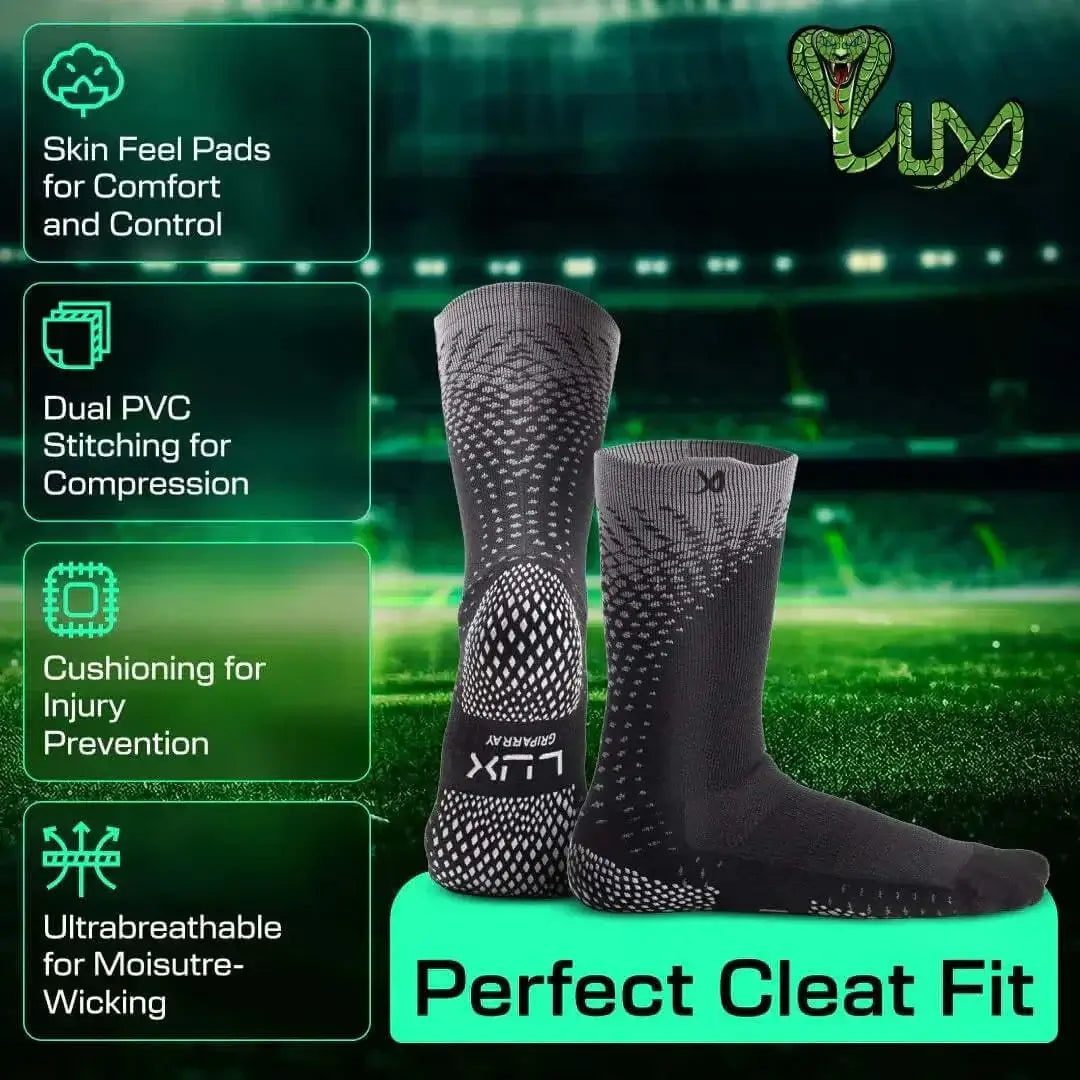 Black LUX Grip Cleat Socks with advanced GripArray technology for superior traction and comfort