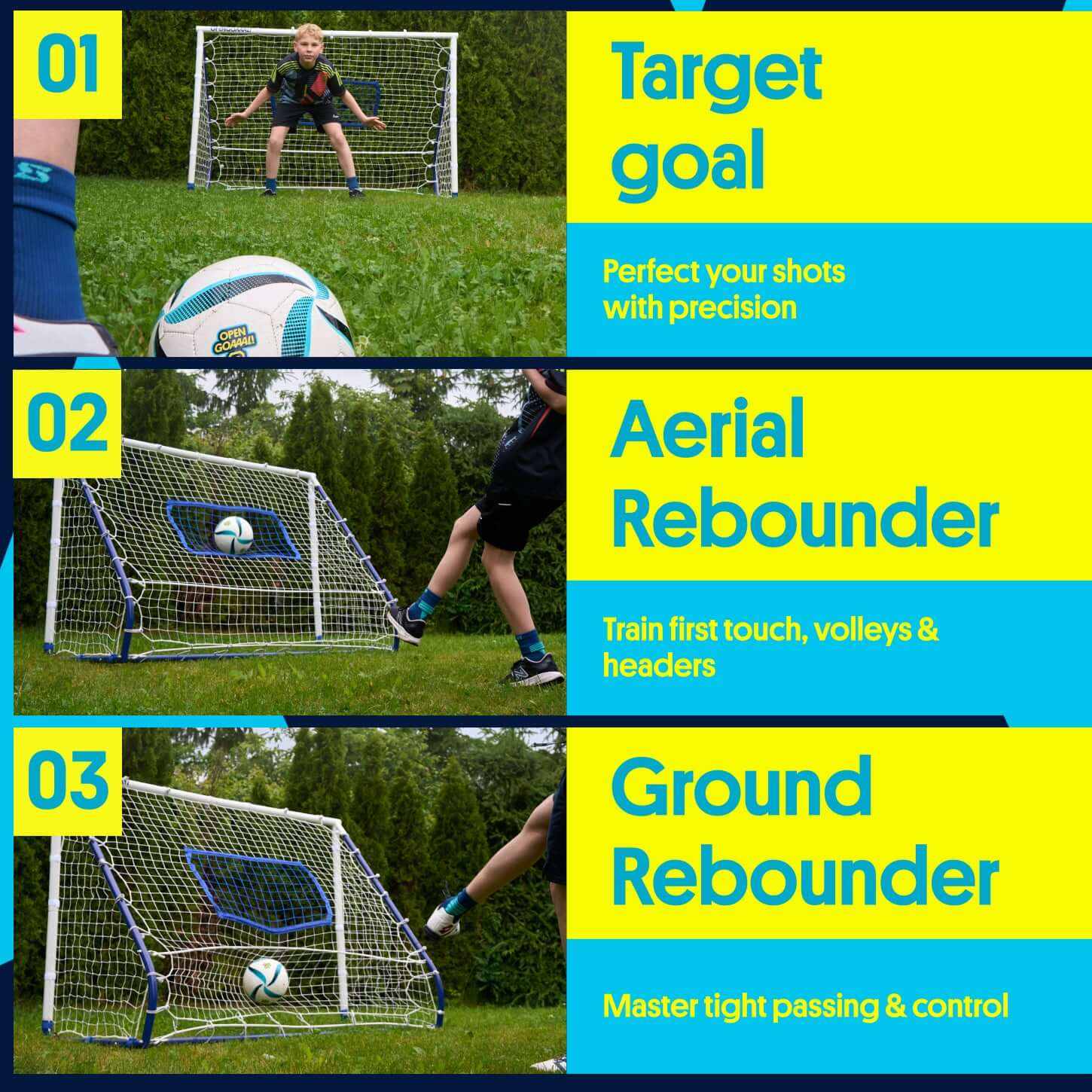 3-in-1 soccer goal rebounder showing target goal, aerial rebounder, and ground rebounder training modes with kids practicing shots and passes outdoors