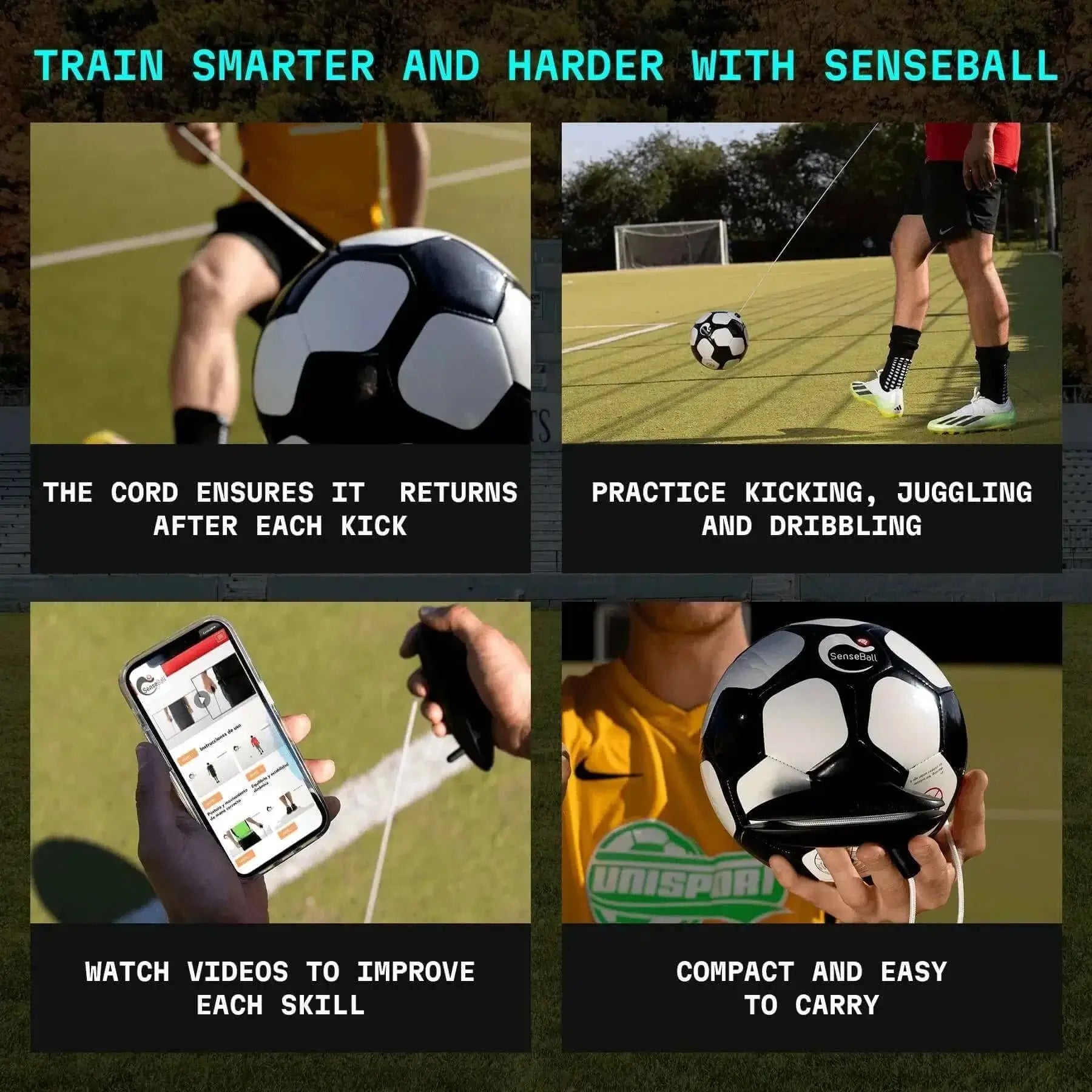 SenseBall soccer ball trainer for kicking, juggling, and dribbling with return cord and skill-improving app
