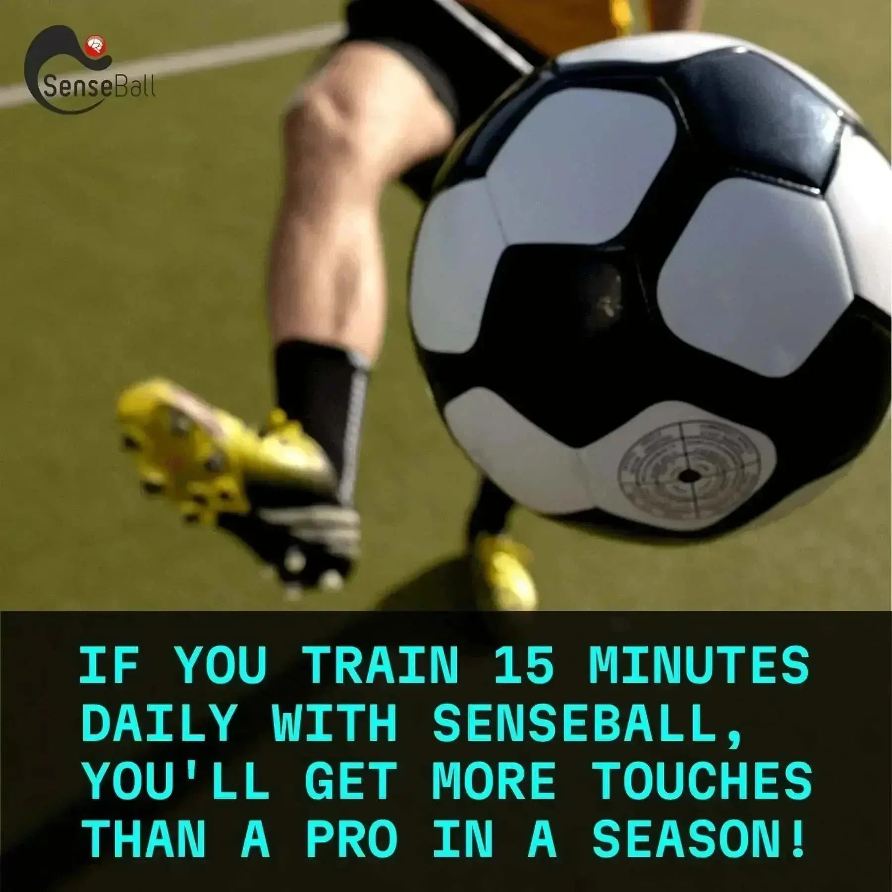 Soccer ball in motion being kicked for training with SenseBall soccer kick trainer on grass field