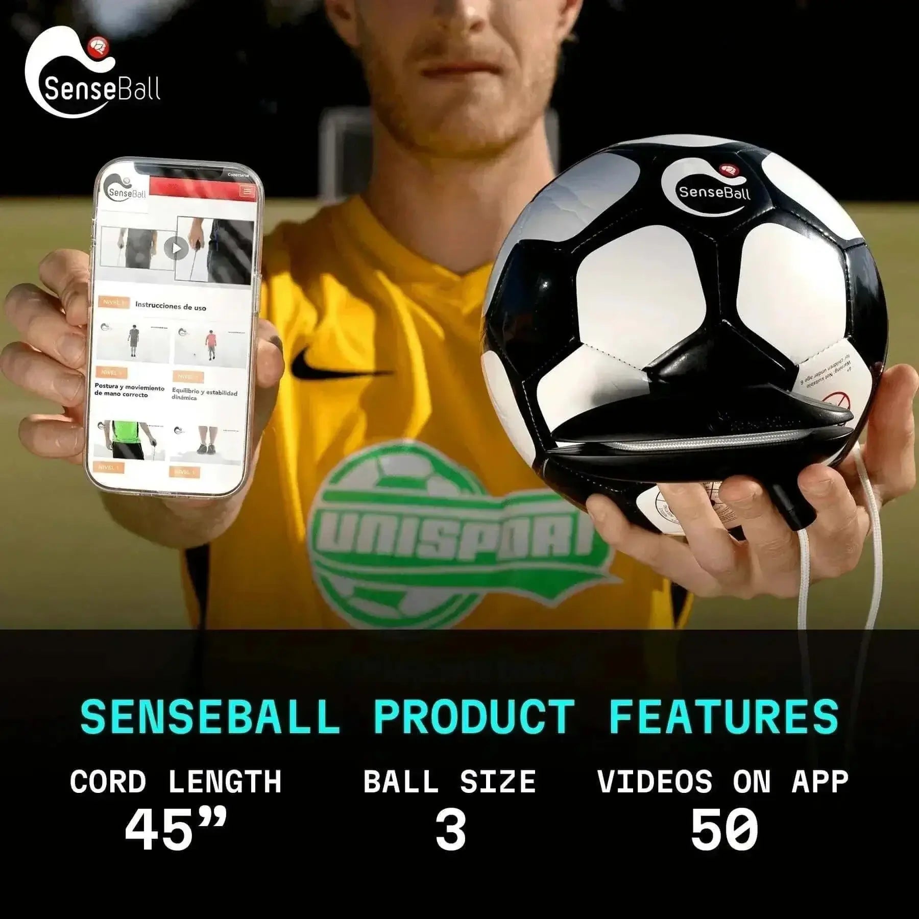 SenseBall soccer ball trainer with app, size 3, cord 45 inches, improving soccer kick precision and coordination