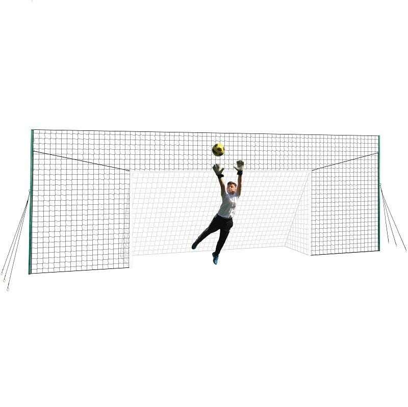 3-in-1 soccer trainer with goal, rebounder, and backstop featuring a player catching a ball.
