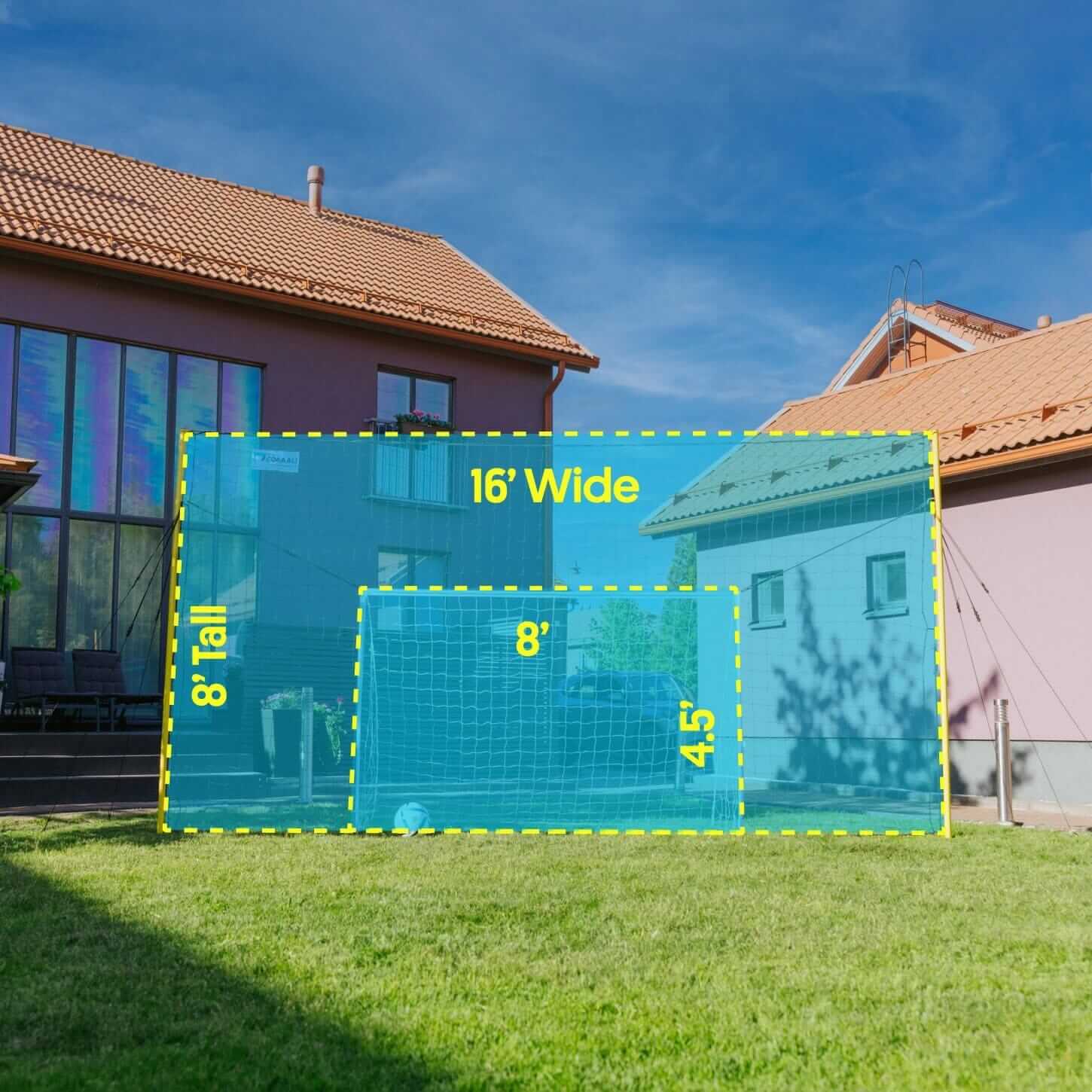 Measurement overlay of a pool area with dimensions on a sunny day.