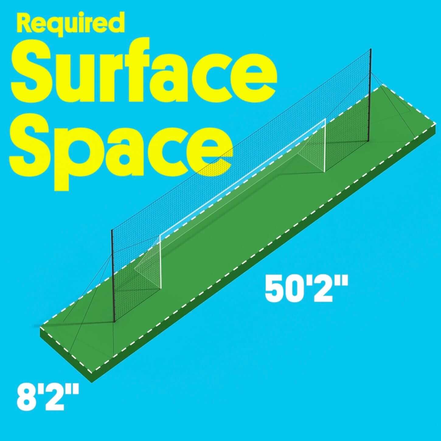 Diagram showing required surface space for a sports field with dimensions labeled.