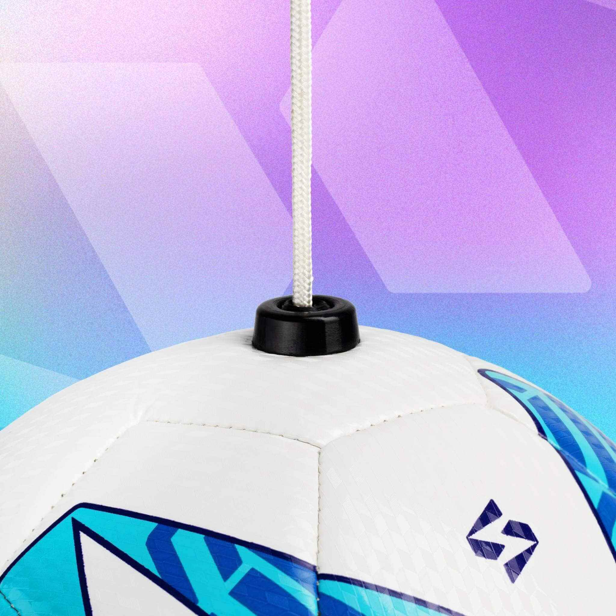 Blue and white size 3 SenseBall soccer kick trainer ball on a string for skill development