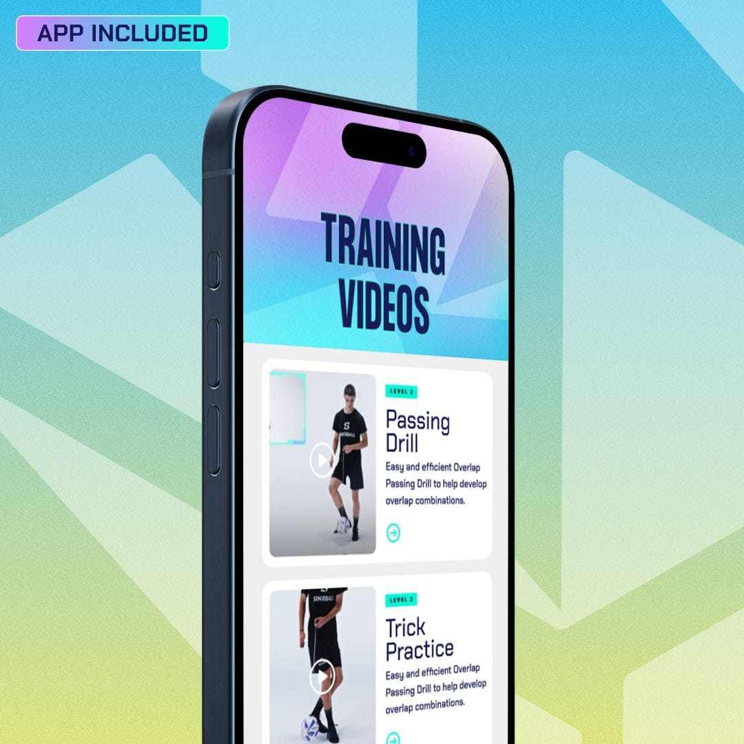 Smartphone displaying SenseBall soccer training app with drills for passing and trick practice