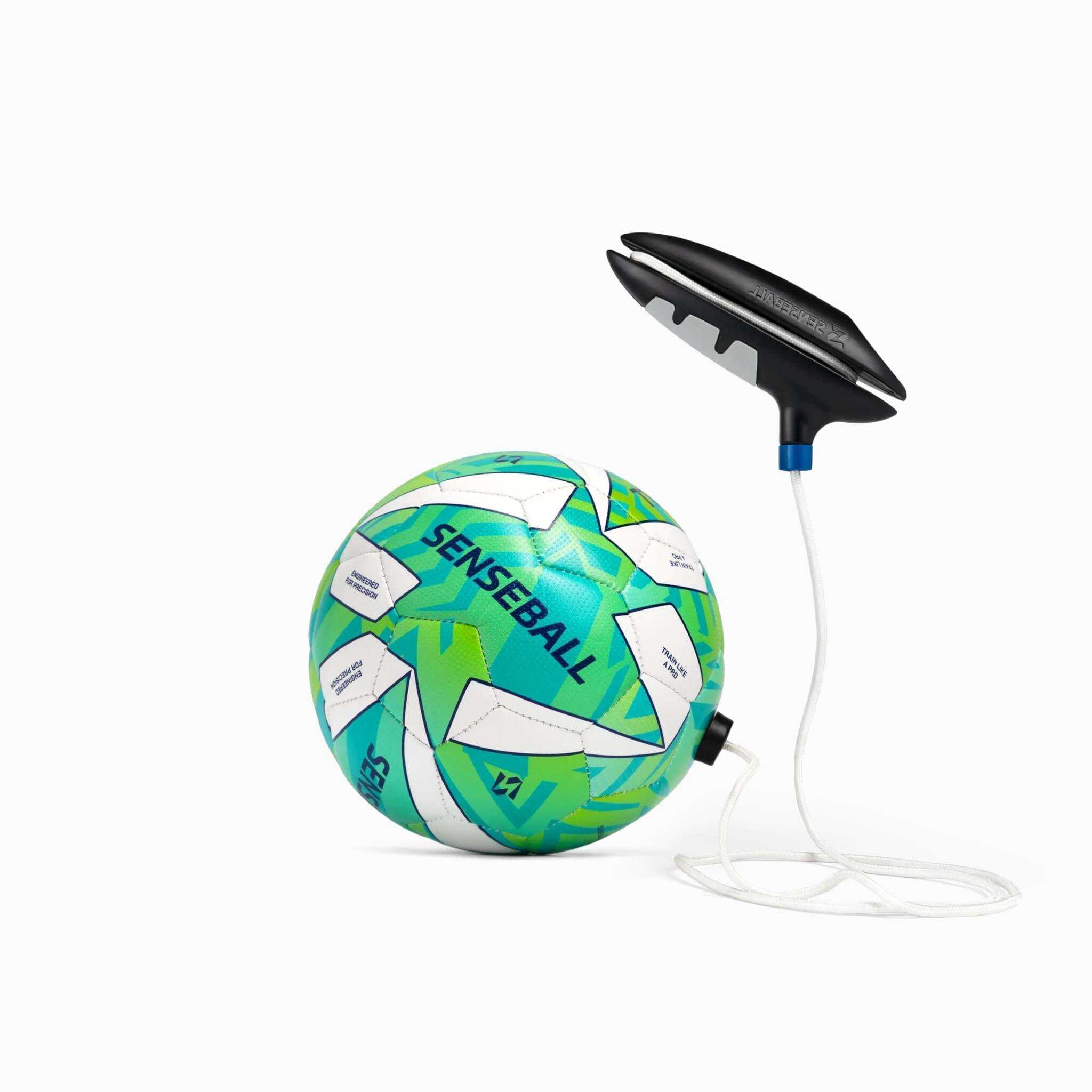 Pro-level green size 2 SenseBall soccer training ball with string kick trainer