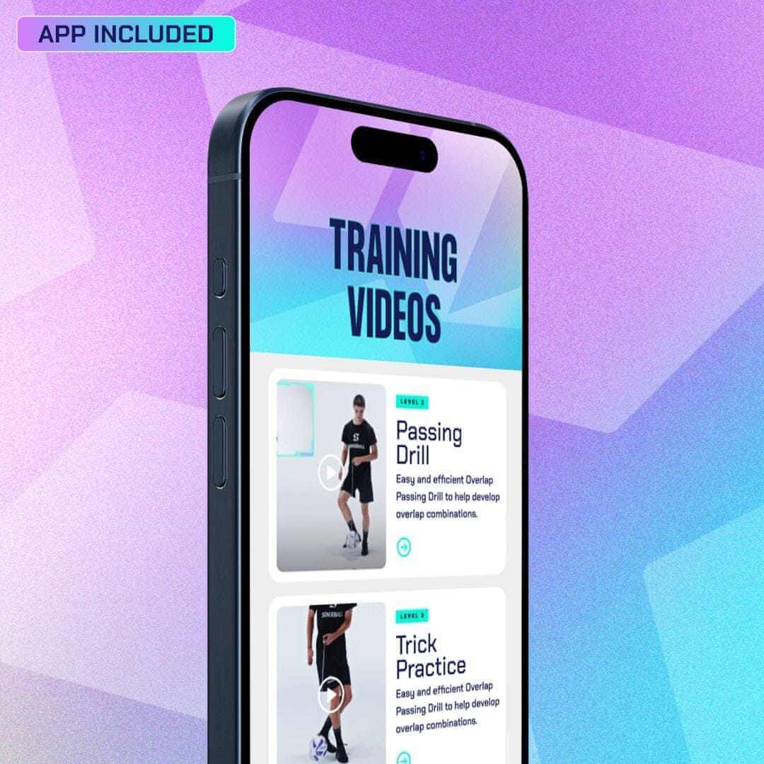 Smartphone displaying SenseBall soccer ball training app with drills and videos on colorful background