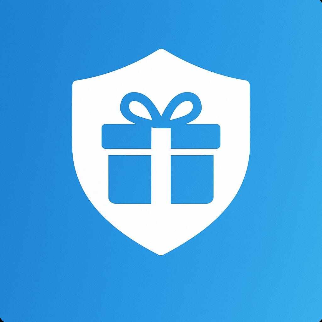 Blue shield icon with white gift box symbol representing discreet gift packaging