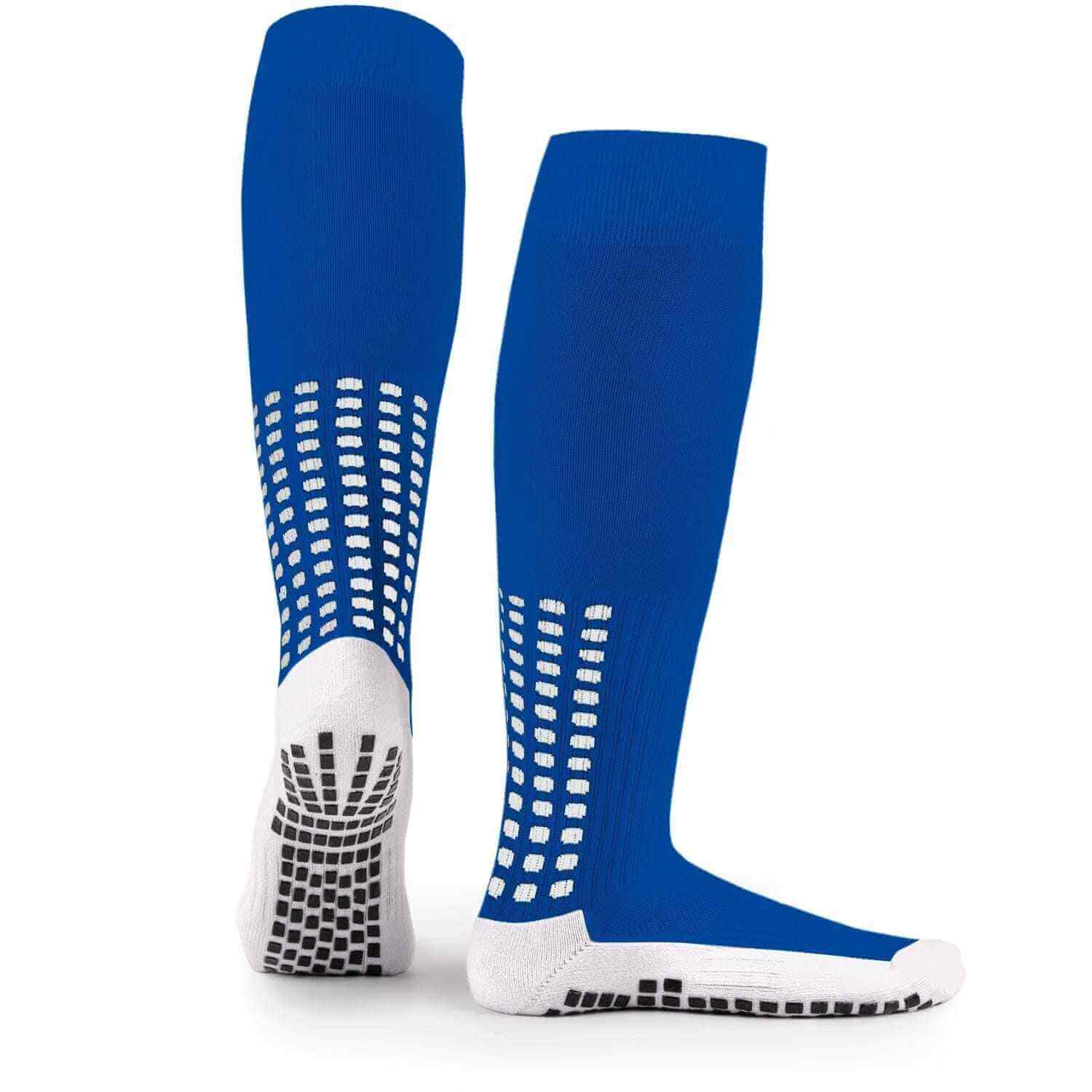 Blue LUX anti-slip soccer socks with knee-length design and grip soles for optimal athletic performance.