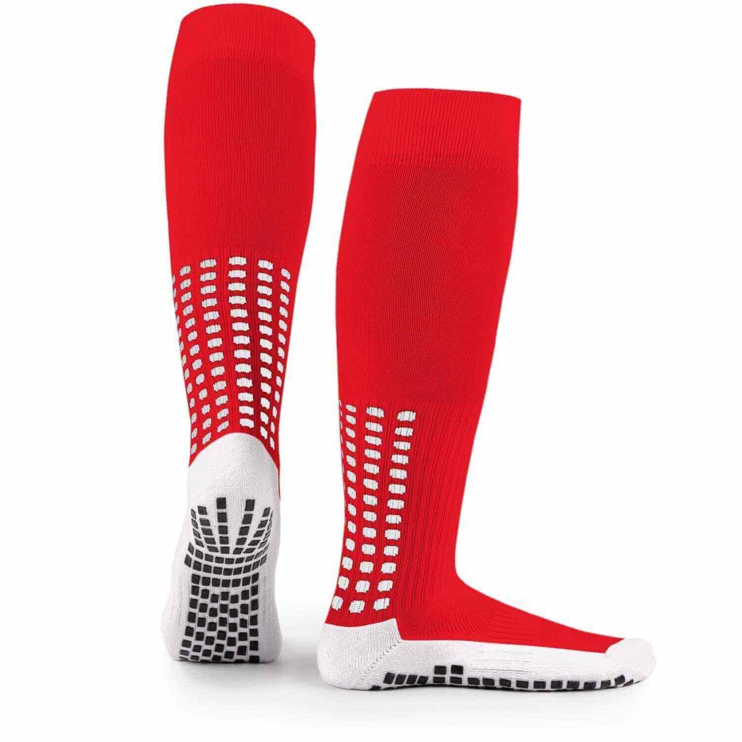 Red knee-high anti-slip soccer socks by LUX with inner and outer grip design for enhanced traction and performance.