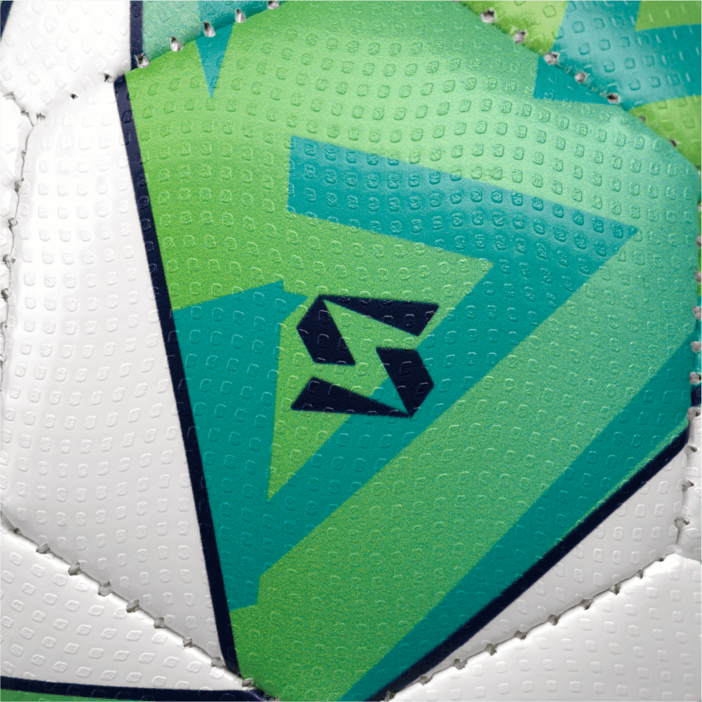 Close-up of green and white SenseBall size 2 pro-level soccer ball with textured surface and logo detail