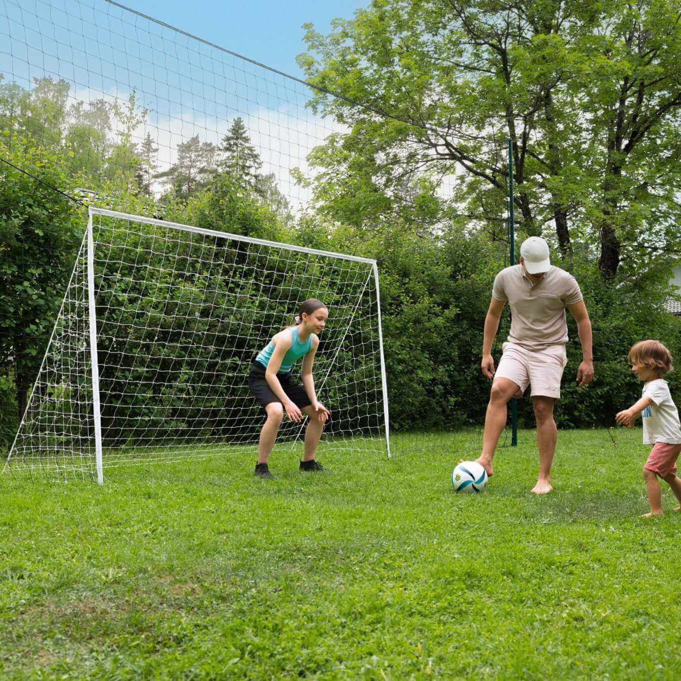 standard 3-in-1 soccer goal trainer with net in backyard for kids practice