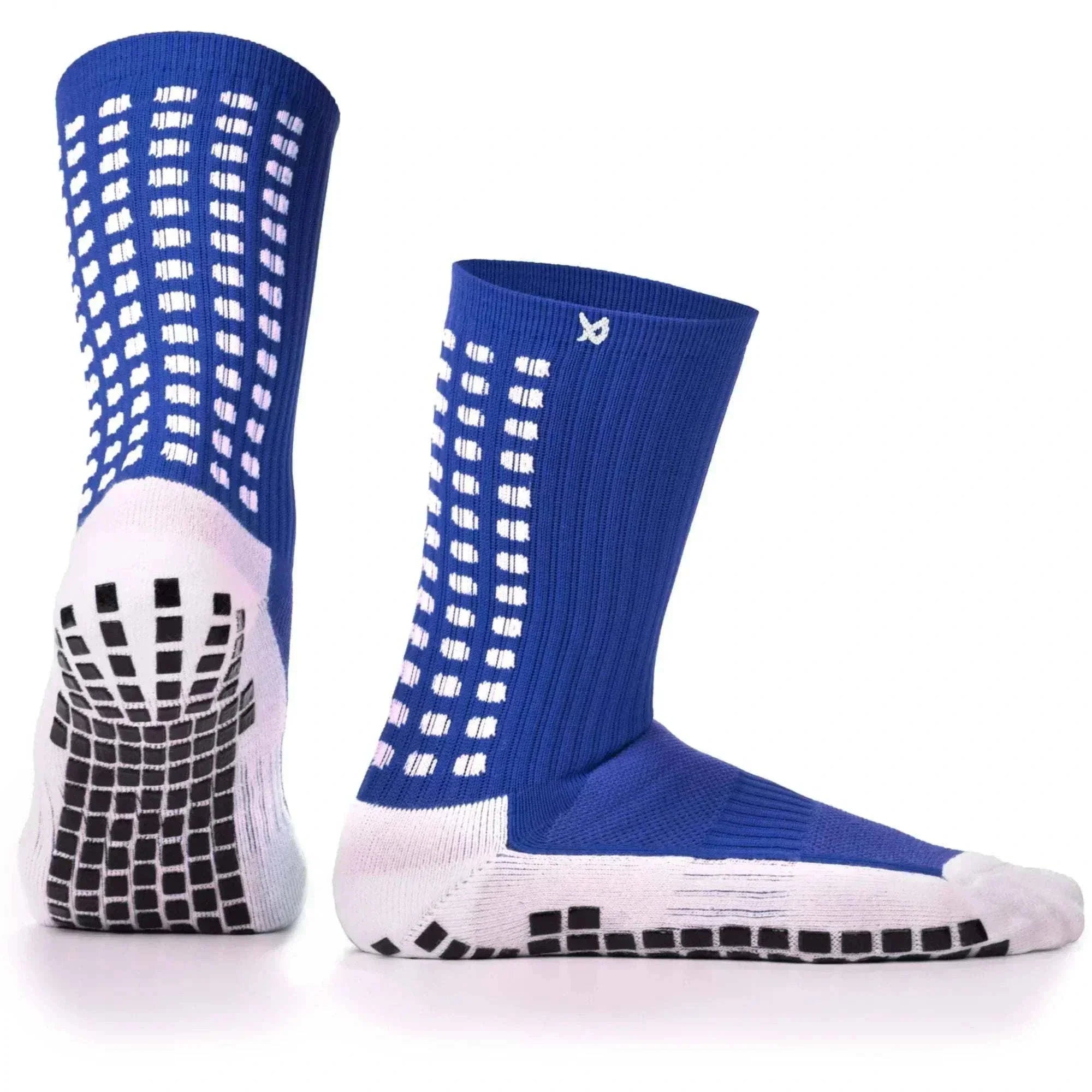 Blue LUX grip soccer socks with inner and outer anti-slip grips for enhanced stability and traction