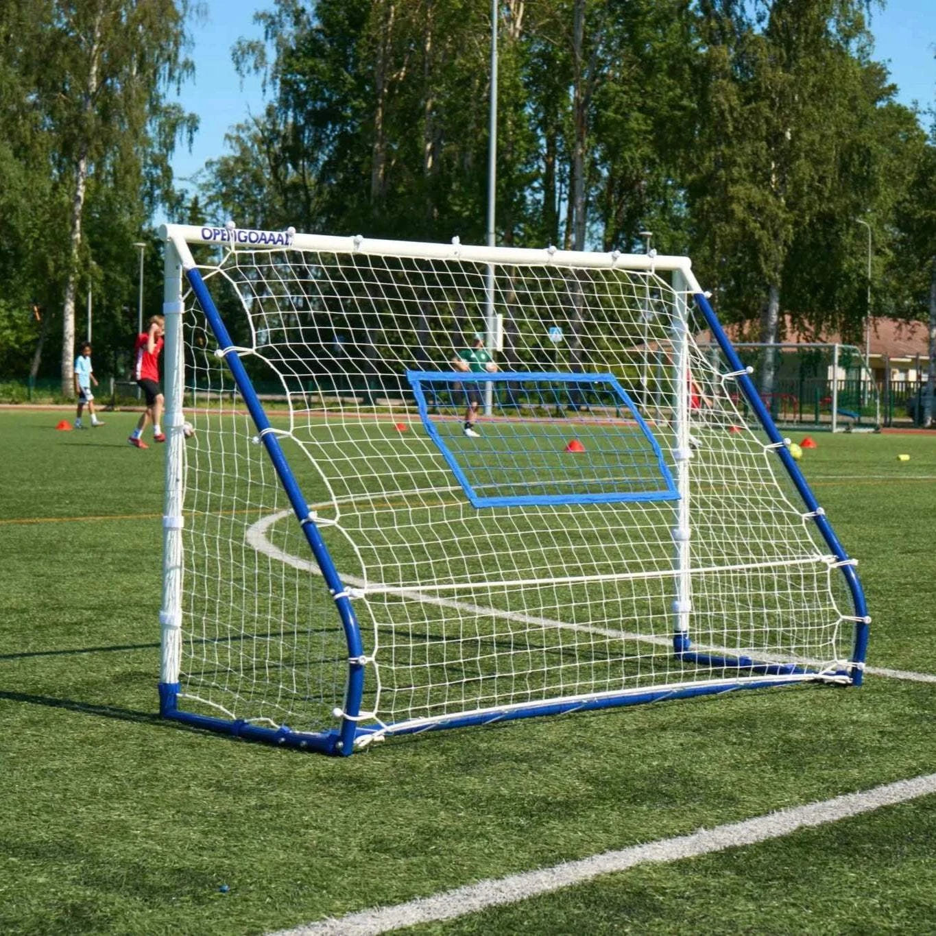 Soccer goal on a grass field with trees in the background