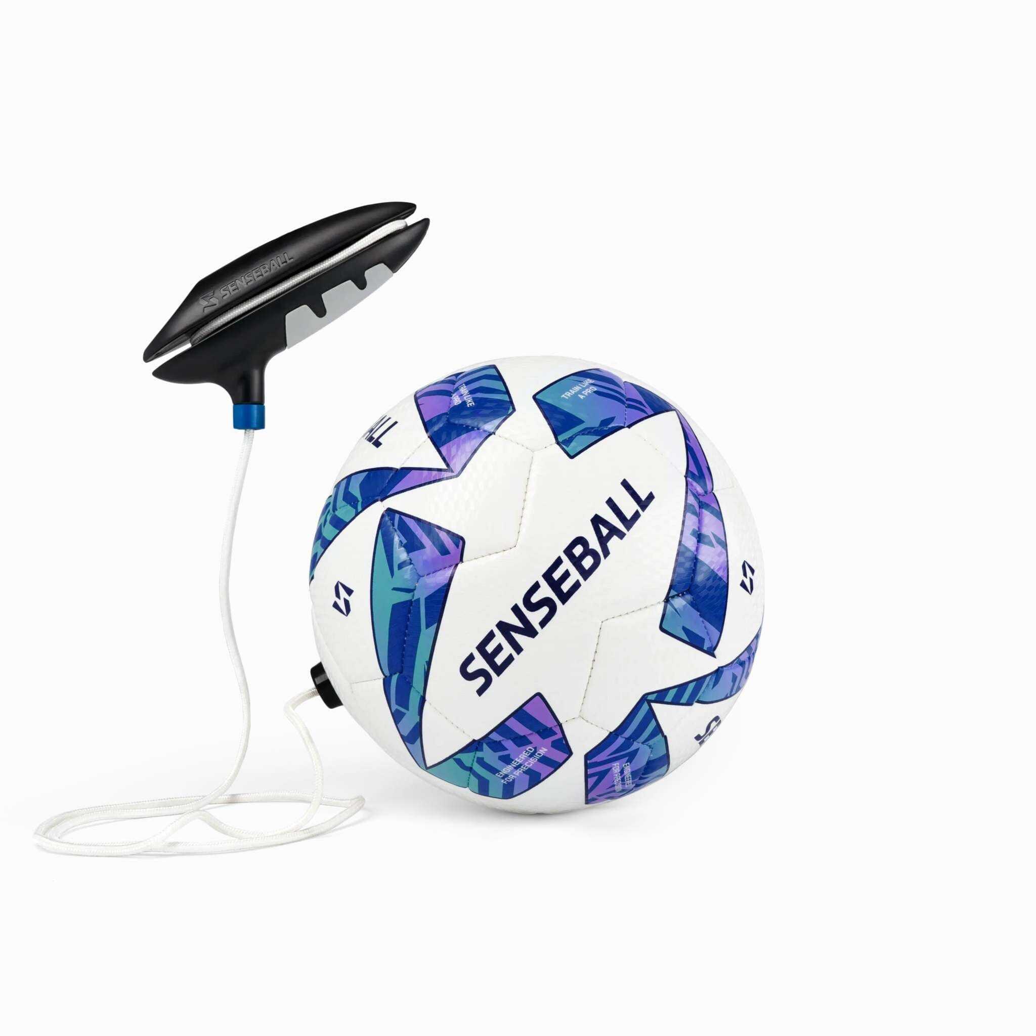 Soccer kick trainer SenseBall with string and mobile app for training