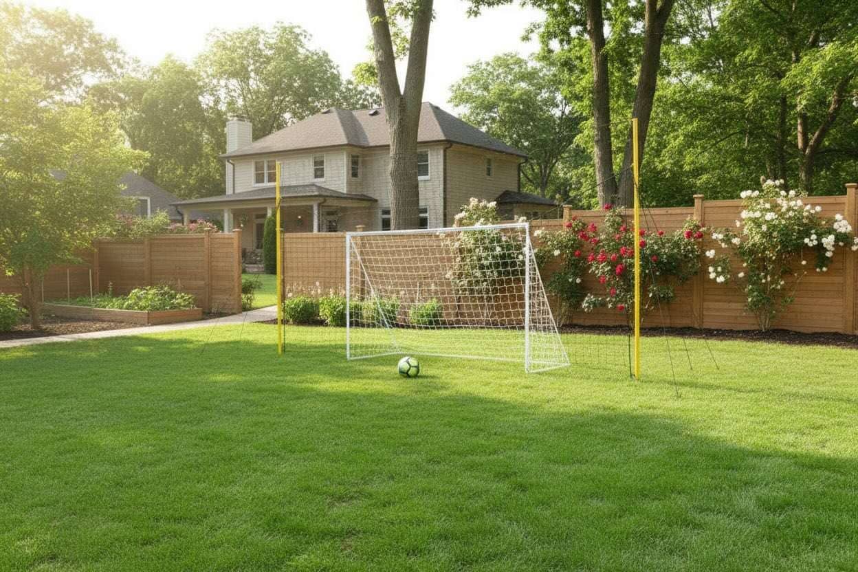 3-in-1 Soccer Goal Trainer set up in backyard with ball on green grass field