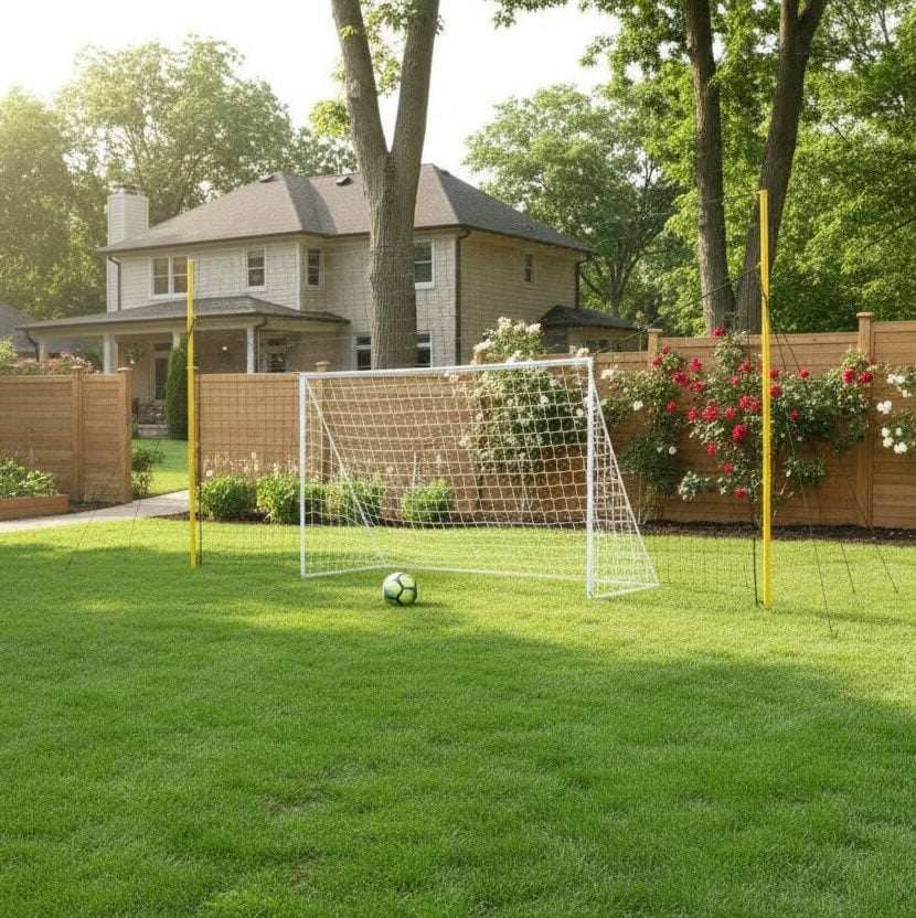 3-in-1 soccer goal trainer set up in backyard for kids' practice
