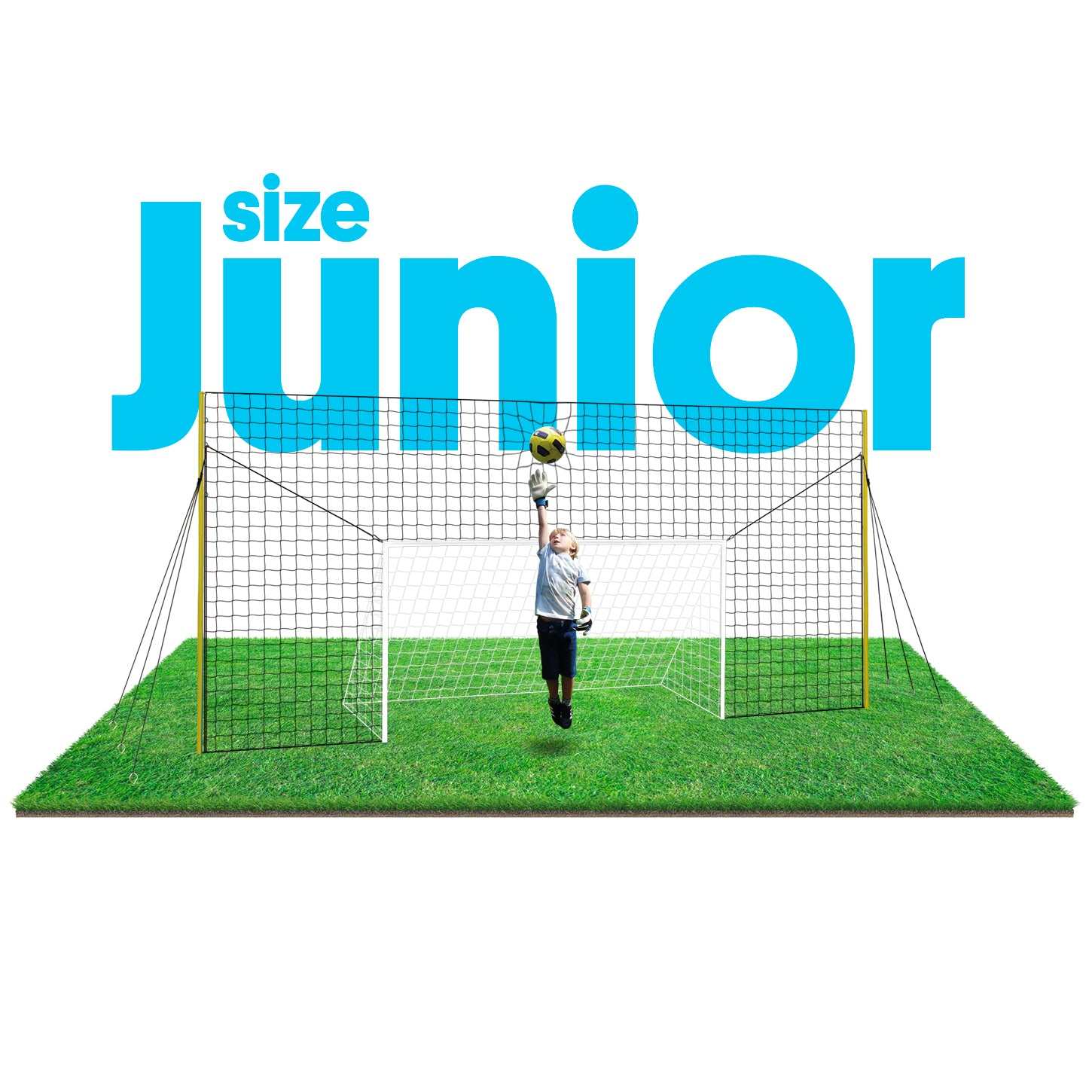 Junior size soccer goal net with player demonstrating demo goal testing on grass field