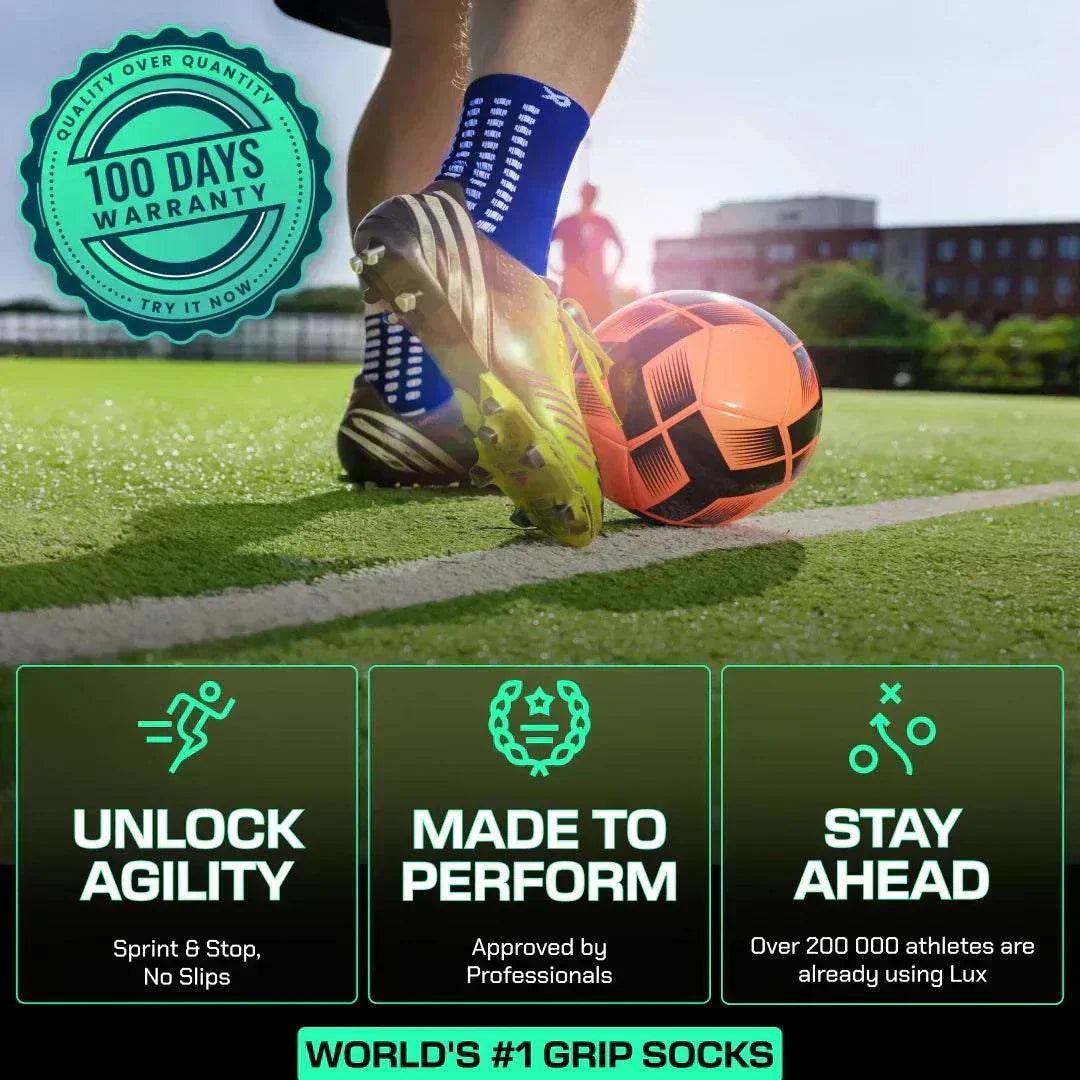 Blue LUX grip soccer socks with inner and outer anti-slip technology for enhanced stability and control on the field