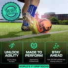 Blue LUX grip soccer socks with inner and outer anti-slip technology for enhanced stability and control on the field