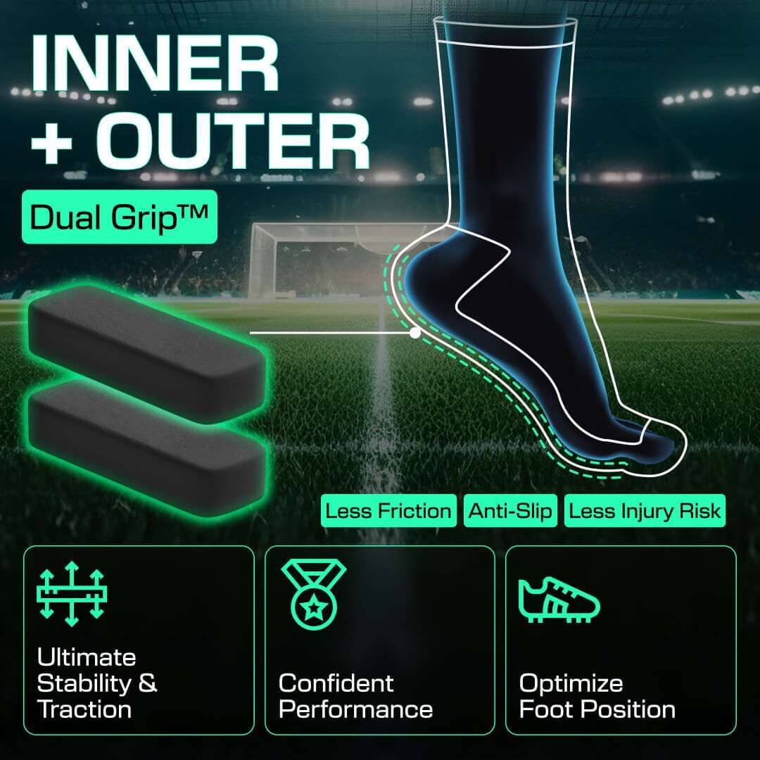 Blue LUX grip soccer socks with inner and outer anti-slip technology for ultimate stability and traction