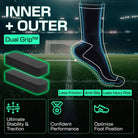 Blue LUX grip soccer socks with inner and outer anti-slip technology for ultimate stability and traction