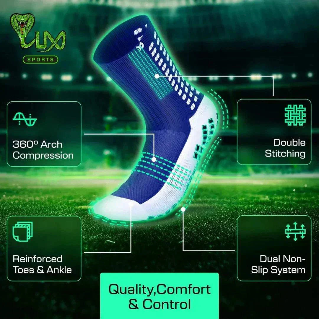 Blue LUX Sports grip soccer sock with 360° arch compression, reinforced toes and ankle, double stitching, and dual non-slip system for improved comfort and control
