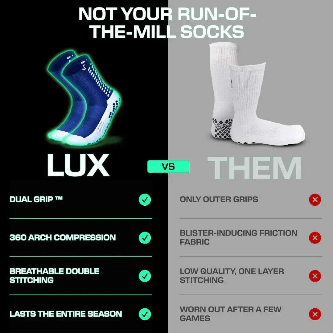 Blue LUX grip soccer socks with dual inner and outer anti-slip technology for superior traction and stability
